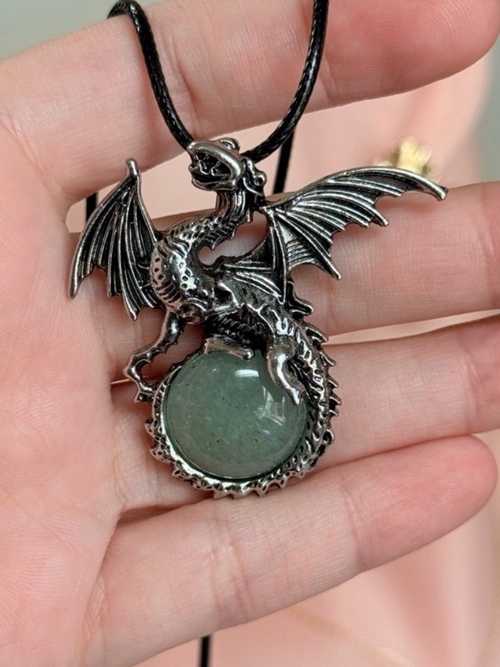 Silver Tone Dragon Pendant Necklace with Green Orb Gothic Fantasy (N25)